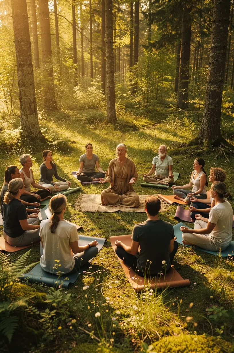 Teilnehmer sitzen im Kreis auf Waldboden und nehmen an einem Naturimmersion-Workshop teil.